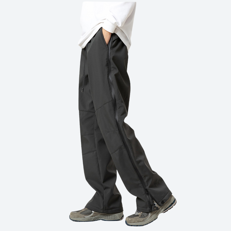 Men's water-repellent stain-resistant work trail pants - gray 3-proof cargo pants with white top, side walking view