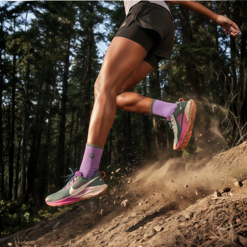 Women's cushioned merino wool trekking socks - lavender merino wool hiking socks on women, trail running view