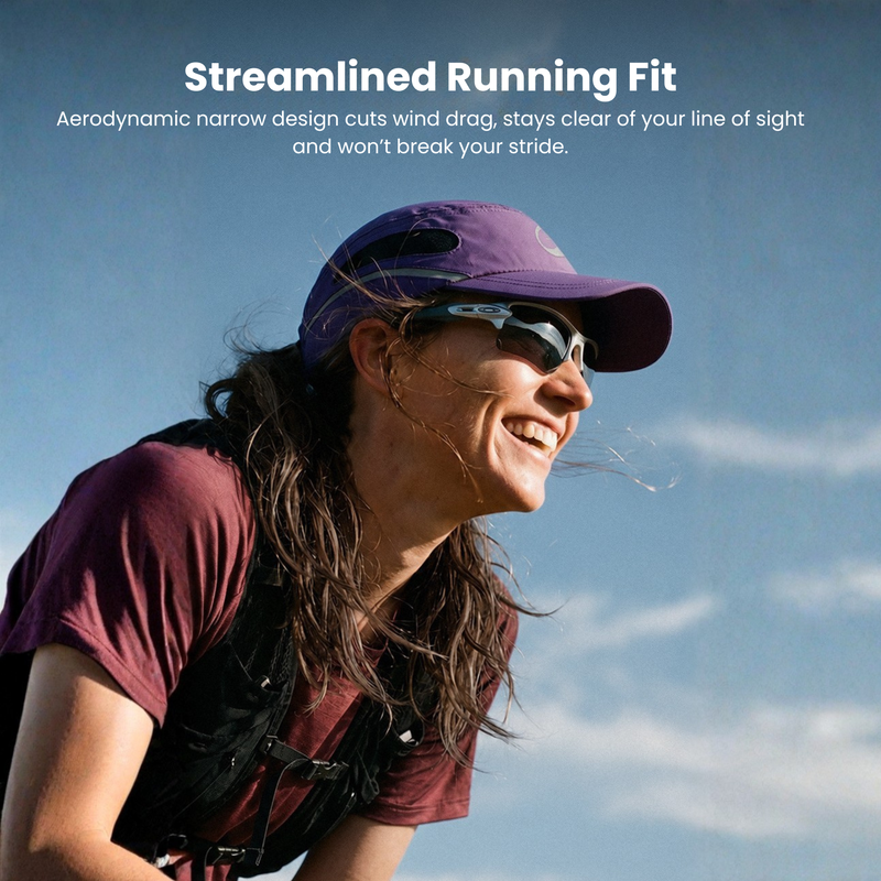 Ultralight packable running cap with reflectivity - purple featherlight running cap on women with sunglasses