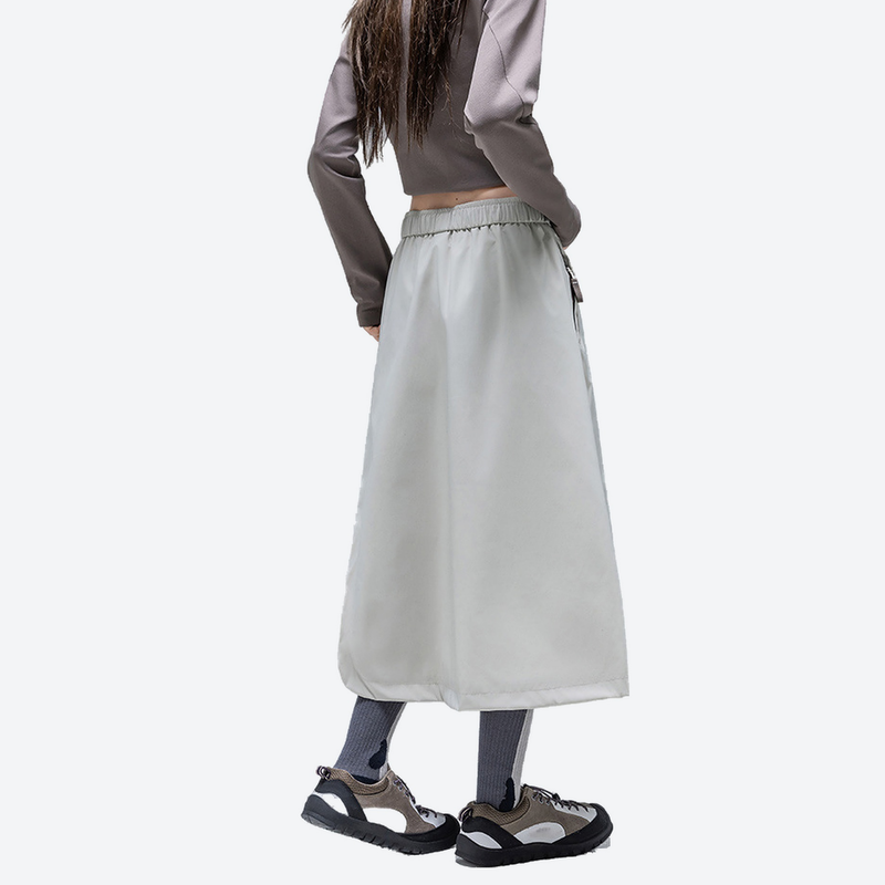 Color-block outdoor long skirt with drawstring waist - light gray brown color-block long skirt on women, side walking view