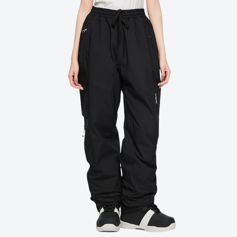 Women's waterproof 2L snow jacket and pants - black snow pants, on-model front view, for resort and street wear