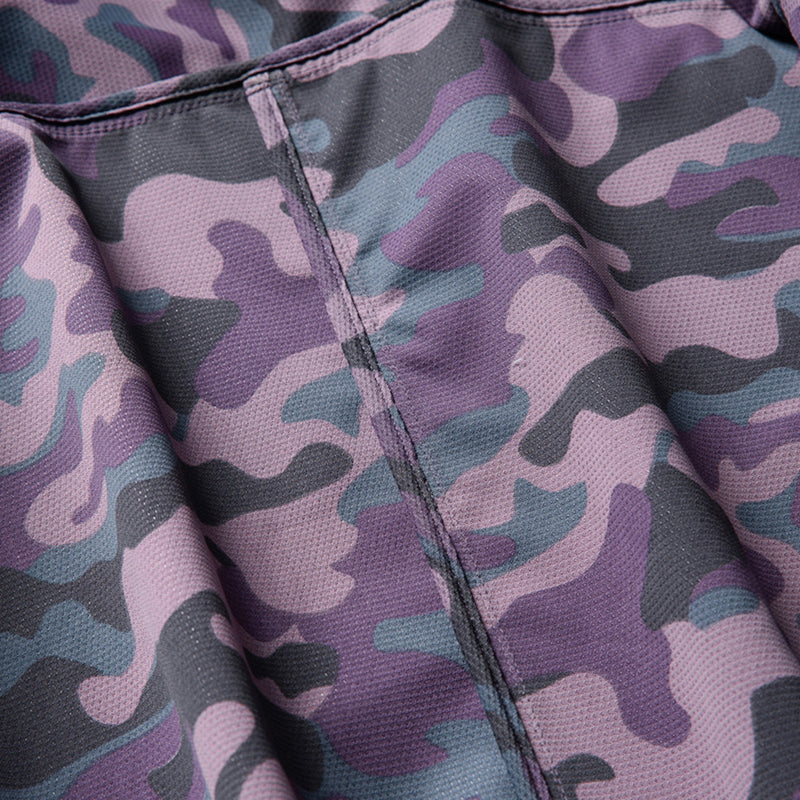 Unisex lightweight softshell outdoor pants - purple camo, camo fabric close-up detail, for hiking and travel