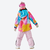 
                  
                    Kids print snowboard anorak with bib pants - pink print kids set, on-model back view, for snow play and winter commute
                  
                
