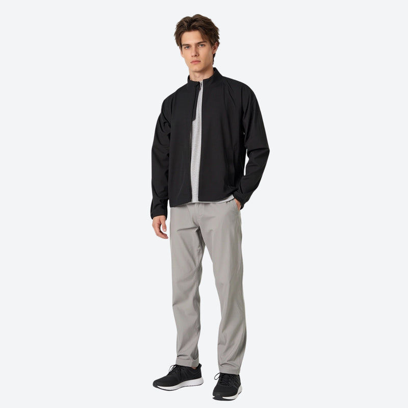 Men's 3L golf hardshell jacket with stand collar - black golf hardshell jacket with gray pants, for hiking and city wear