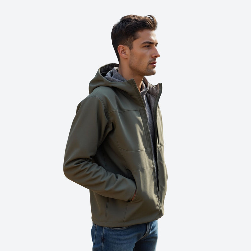 Men's wind-resistant softshell outdoor jacket - olive softshell jacket, on-model side view, for resort and street wear