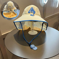 
                  
                    Kids wide brim sun hat with whistle drawstring - beige and navy kids sun hat with mesh neck flap, product view with inset
                  
                
