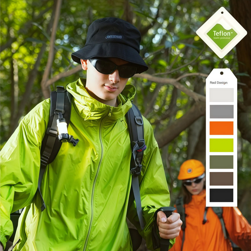 Water and oil resistant sun protection jacket - neon green waterproof sun jacket on men with bucket hat