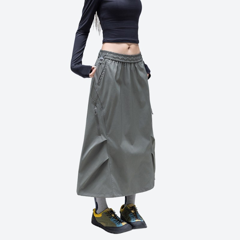 Outdoor long skirt with side zip pockets - gray green water-repellent long skirt on women, for camping and outdoor weekends