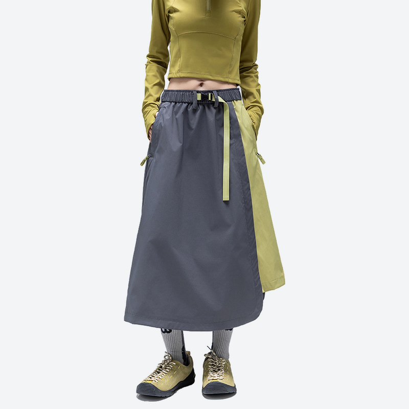 Water-repellent color-block long skirt PFOS PFOA free - gray lime color-block long skirt on women, front standing view