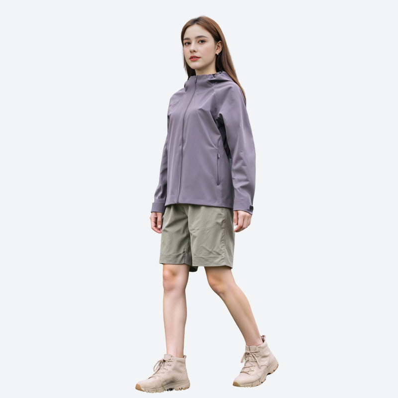 Women's lightweight hardshell rain jacket for trail - gray purple hardshell jacket, for mountain and forest outings