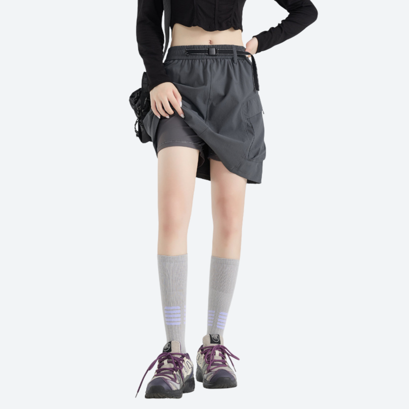 Women's cargo skort with elastic waistband - gray cargo skort with built-in shorts, for camping and outdoor weekends