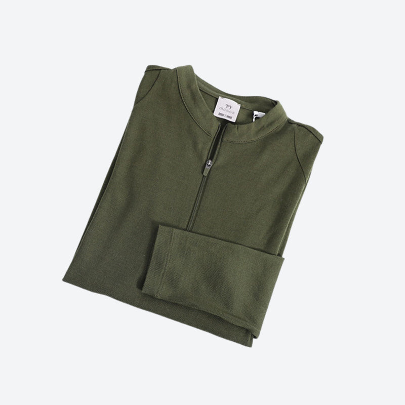 Women's slim-fit pure merino wool long-sleeve - olive merino wool half-zip top, for skiing and snowboarding