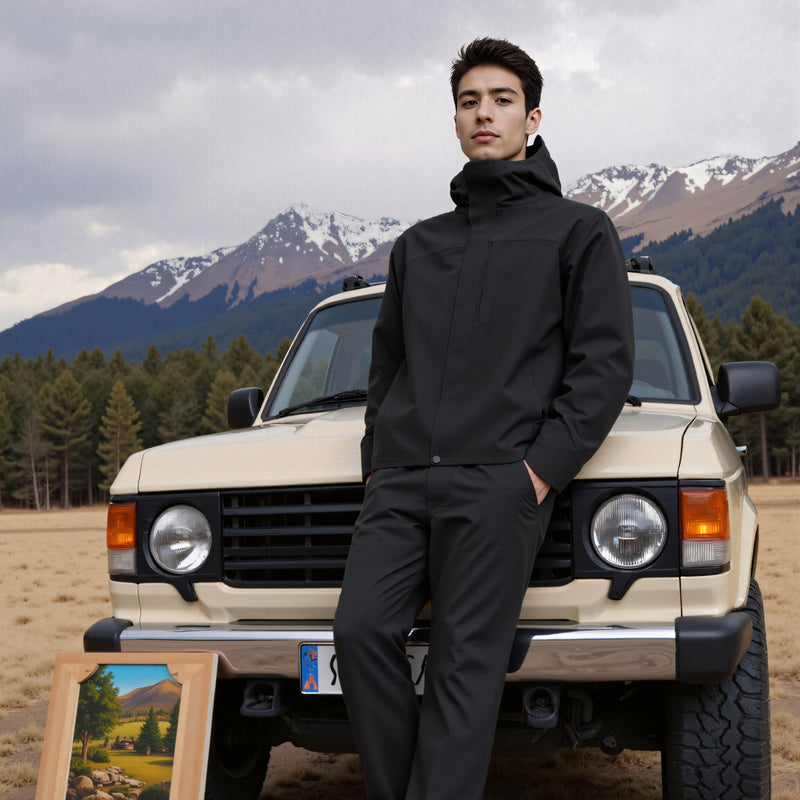 Unisex warm softshell snowboard jacket with hood - black softshell jacket, for resort and street wear