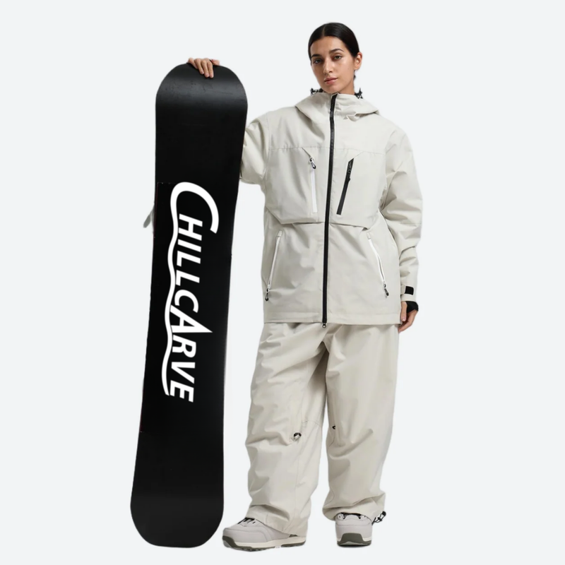 Women's 2-layer snowboard jacket and pants - white jacket with white pants, for cold-weather winter sports