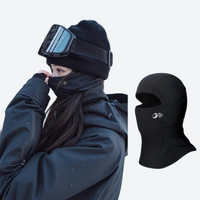 
                  
                    Black ski facemask neck gaiter for snow sports - black facemask on women in black cap adjusting with inset, worn adjust view
                  
                