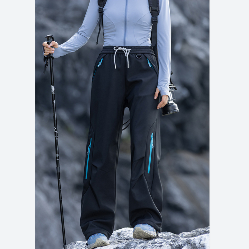 Unisex fleece-lined water-repellent hiking pants - black fleece-lined hiking pants with light blue top