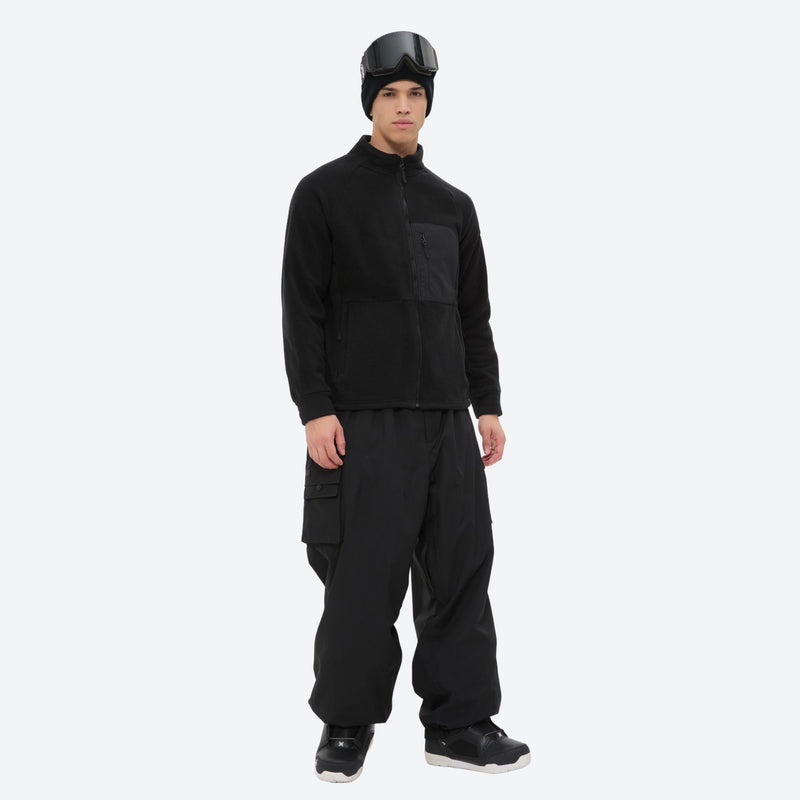 Lightweight high-warmth breathable fleece liner jacket - black fleece liner jacket on men with helmet, full-body walking view