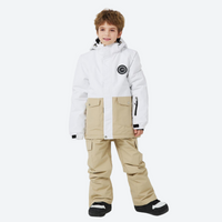 
                  
                    Kids waterproof 2L snow jacket and pants set - white tan colorblock kids jacket with tan pants, on-model front view
                  
                