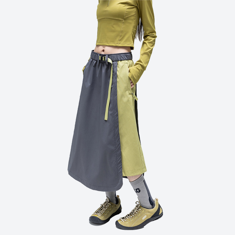 Versatile color-block water-repellent skirt - gray lime color-block long skirt on women, for camping and outdoor weekends