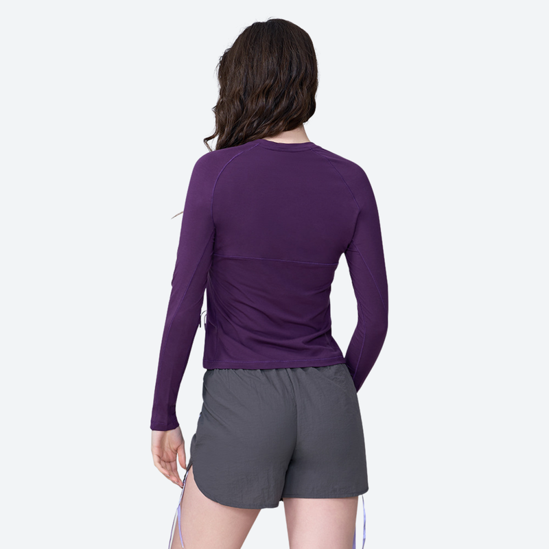 Women's merino wool quick-dry tee with side pocket - purple merino wool quick-dry long-sleeve, for layering in cool weather