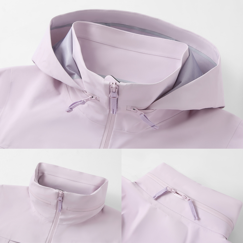 Women's breathable 3-layer hooded rain jacket - pink, collar and hood close-up detail, for resort and street wear