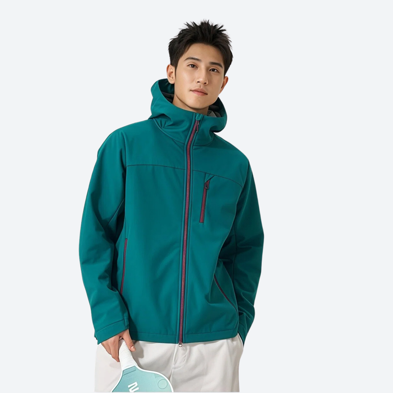 Unisex fleece-lined softshell snowboard jacket - teal softshell jacket, on-model front view, for skiing and snowboarding