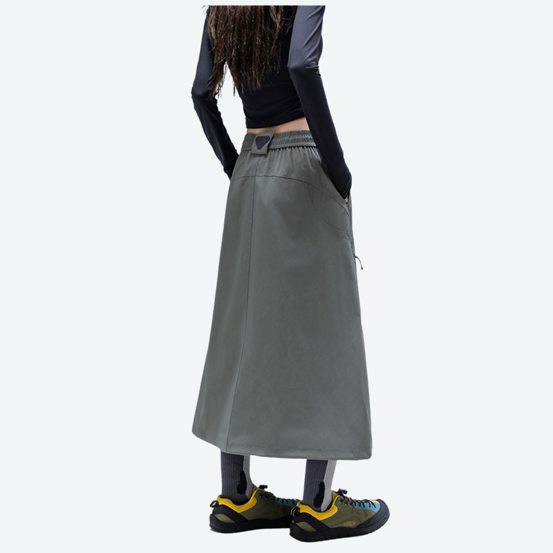 Water-repellent A-line long skirt PFOS PFOA free - gray green water-repellent long skirt on women, back side view