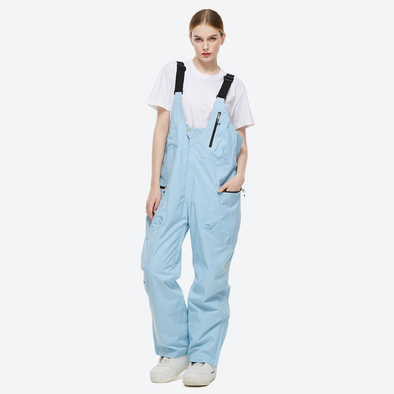 Unisex snowboard jacket and bibs set - ice blue bib pants, on-model front view, for resort and backcountry days