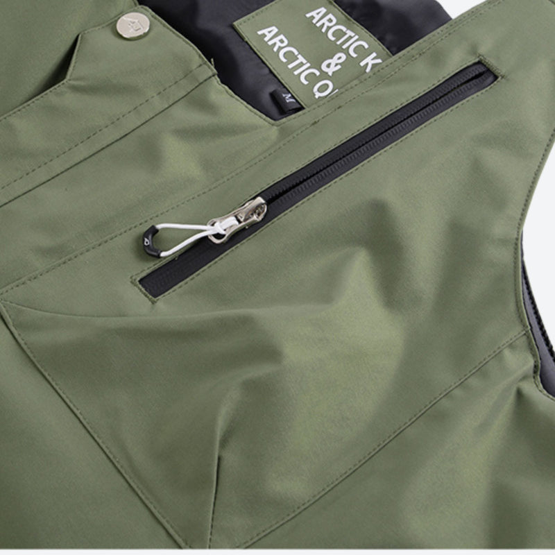 Unisex snowboard jacket and bibs set - olive green bib pants, for cold-weather winter sports