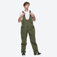 
                  
                    Unisex snowboard jacket and bibs set - olive green bib pants, on-model front view, for skiing and snowboarding
                  
                