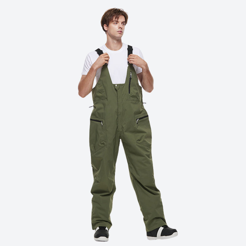 Unisex snowboard jacket and bibs set - olive green bib pants, on-model front view, for skiing and snowboarding