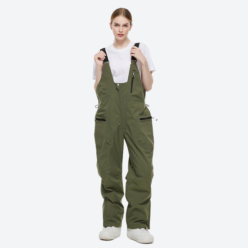 Breathable 2-layer colorblock ski jacket with suspender bibs - olive green bib pants, for powder and piste riding