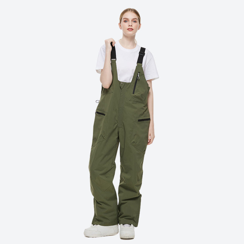 Unisex snowboard jacket and bibs set - olive green bib pants, on-model front view, for cold-weather winter sports