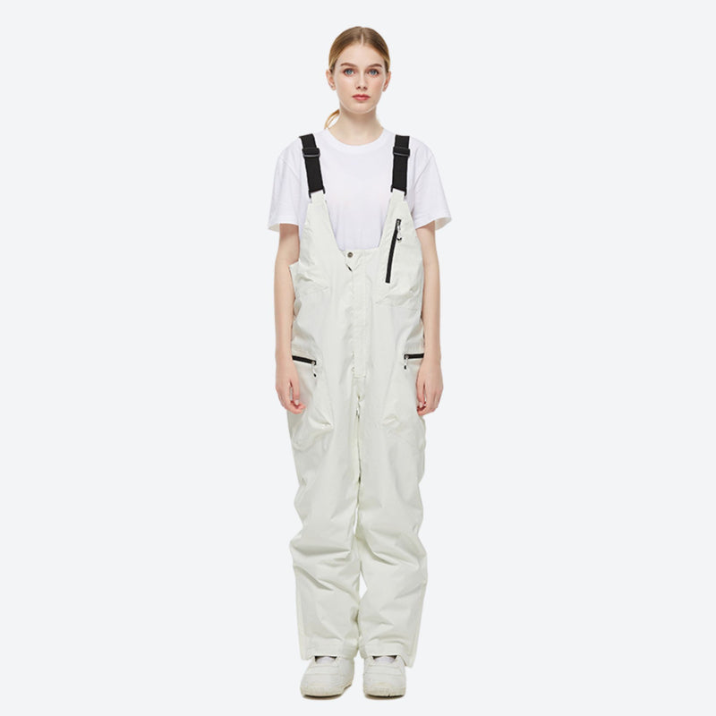 Unisex snowboard jacket and bibs set - white bib pants, on-model front view, for powder and piste riding