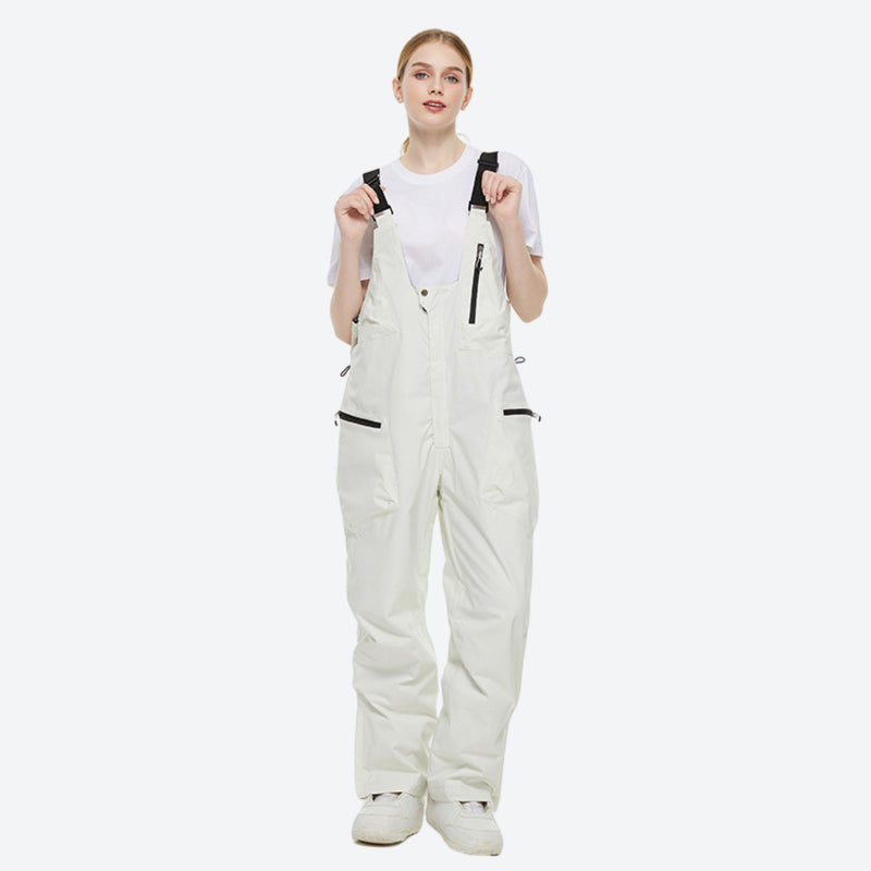 Unisex waterproof 2L snow jacket and bib pants - white bib pants, on-model front view, for cold-weather winter sports