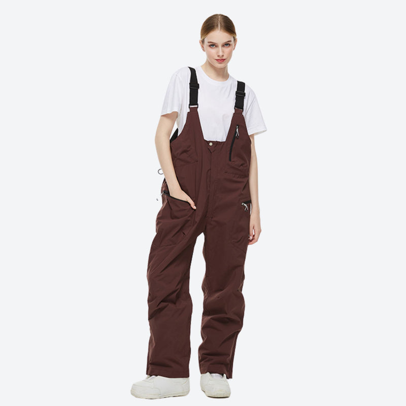 Unisex snowboard jacket and bibs set - coffee brown bib pants, on-model front view, for skiing and snowboarding