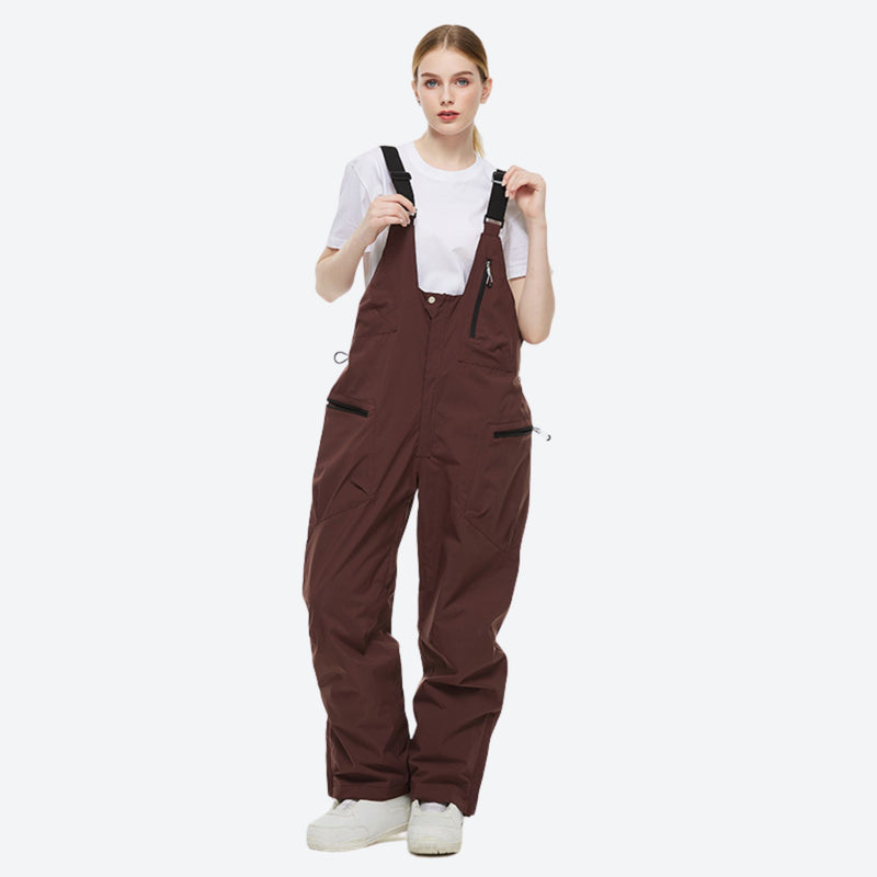 Breathable 2-layer colorblock ski jacket with suspender bibs - coffee brown bib pants, for cold-weather winter sports