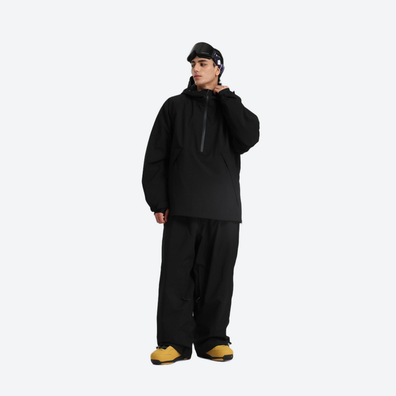 Men's breathable ski pullover set - black jacket with black pants, front view with hand on head, for skiing and snowboarding