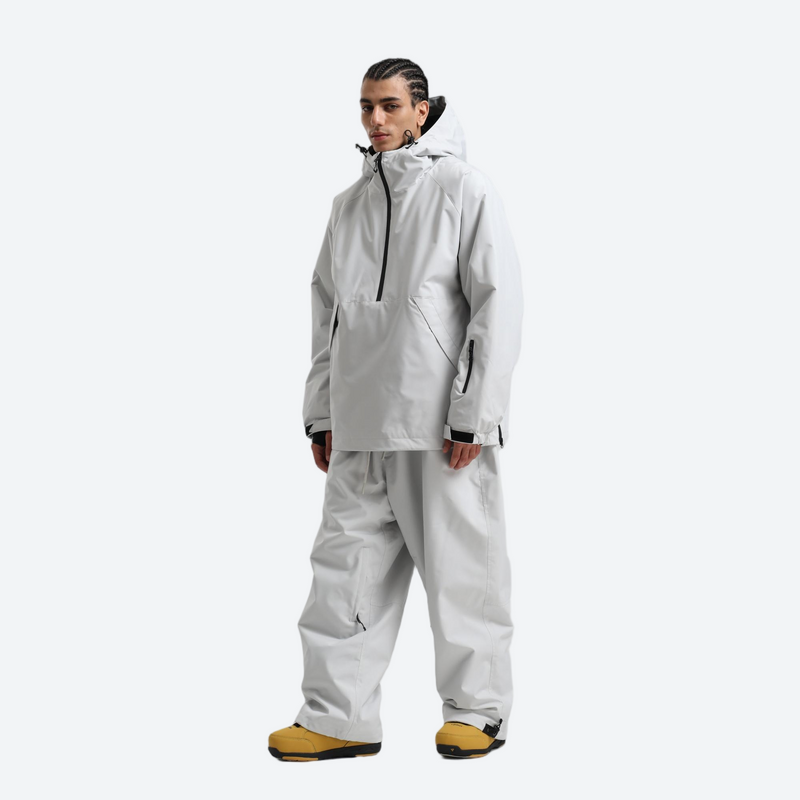 Men's 2-layer snowboard anorak and wide-leg pants - light gray jacket with light gray pants, for resort and street wear
