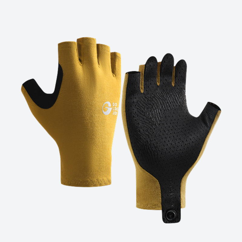 Trail gloves with touchscreen fingertips and grip palm - merino wool half finger hiking gloves pair, mustard pair view