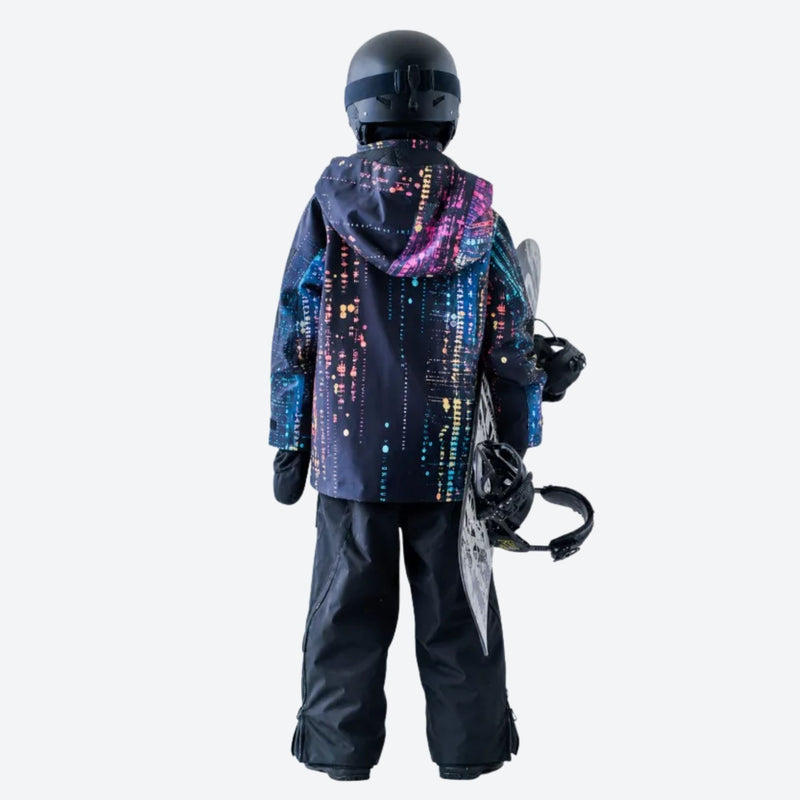 Kids breathable 2-layer splash print ski set - navy print kids set, on-model back view, for kids skiing and snowboarding