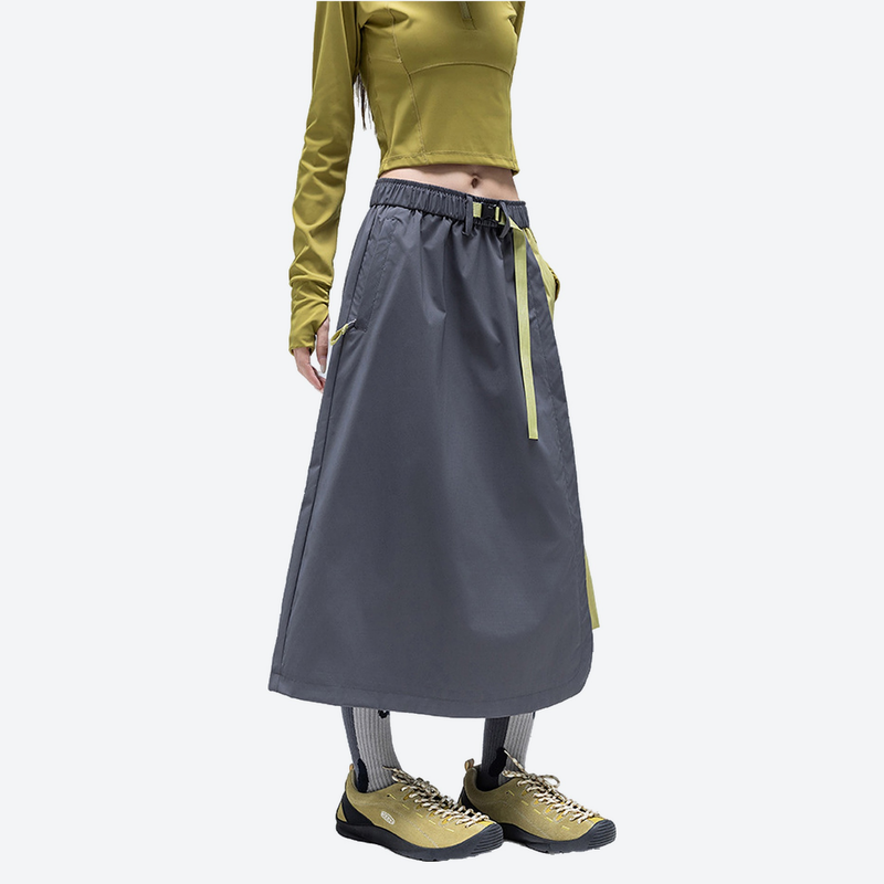 Color-block outdoor long skirt with drawstring waist - gray lime color-block long skirt on women, side standing view