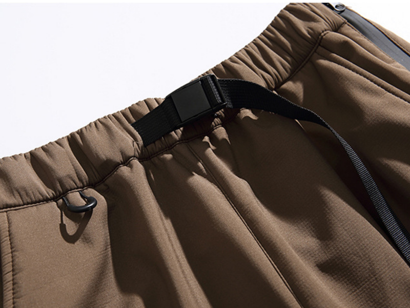 Men's water-repellent stain-resistant work trail pants - brown, waist belt close-up, for hiking and trail walking