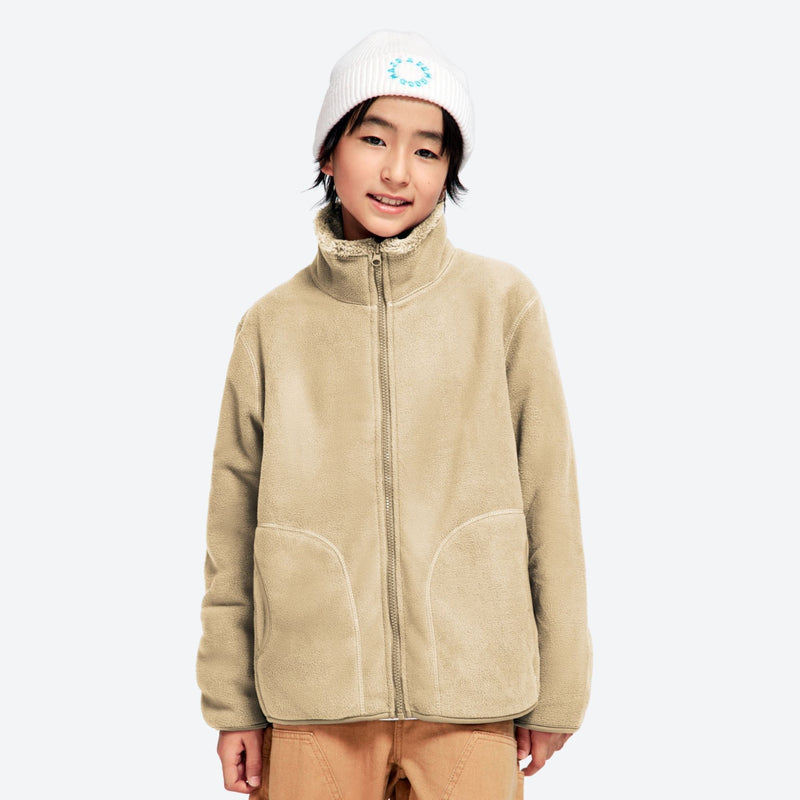 Kids' structured warmth fleece jacket with full zip - tan kids fleece jacket with stand collar and beanie