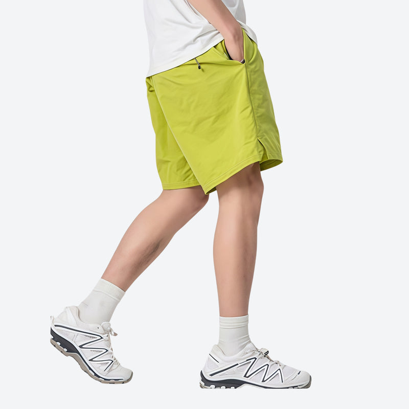 Breathable lightweight trail shorts - lime green quick-dry shorts with white tee, for hiking and trail walking