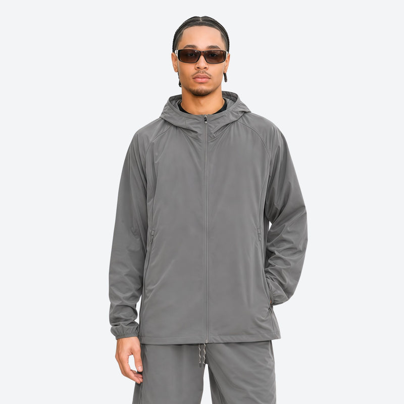 Recycled fiber moisture-wicking sun jacket - gray coolmax sun jacket on men with sunglasses, for hiking and trail walking