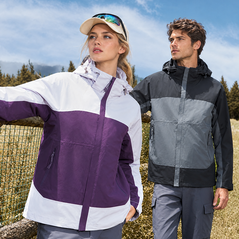 Men's convertible 3-layer shell with thermal fleece - purple white 3-in-1 jacket, for cold-weather winter sports