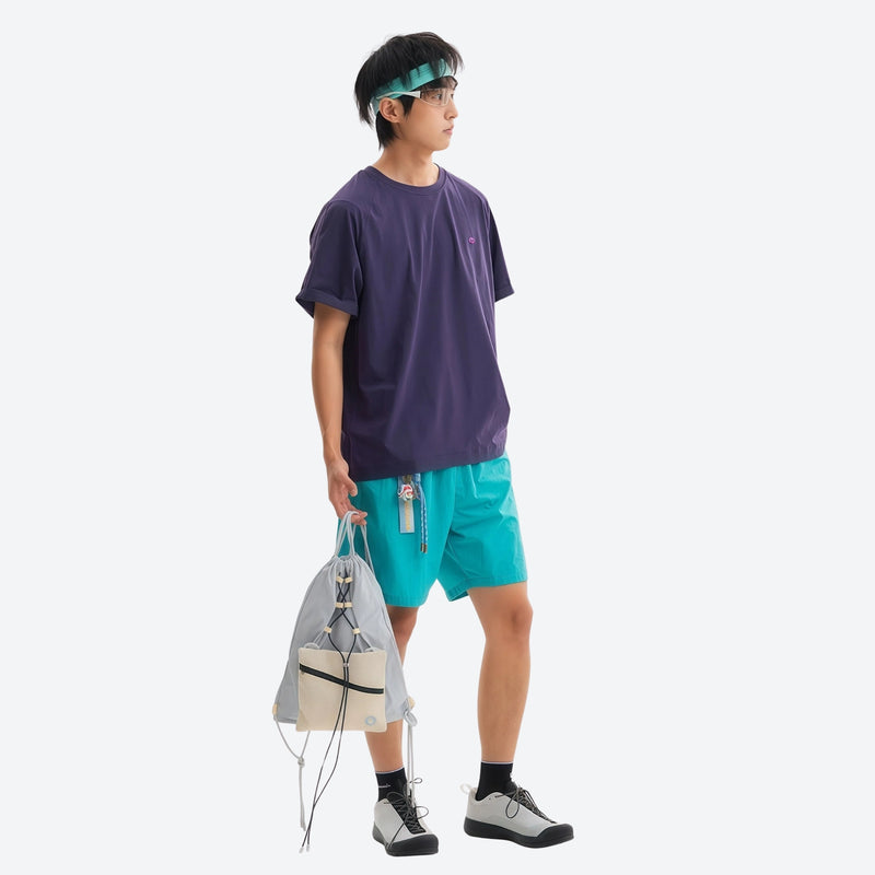 Breathable water-repellent shorts for outdoor - teal water-repellent shorts with purple tee, for travel and city walks