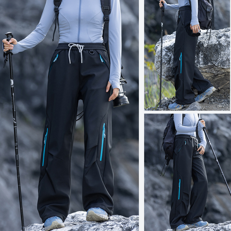 Breathable warm trail pants with soft fleece lining - black fleece-lined hiking pants with light blue top
