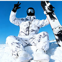 
                  
                    Unisex printed snowboard jacket and bibs - white marble print, for resort and backcountry days
                  
                